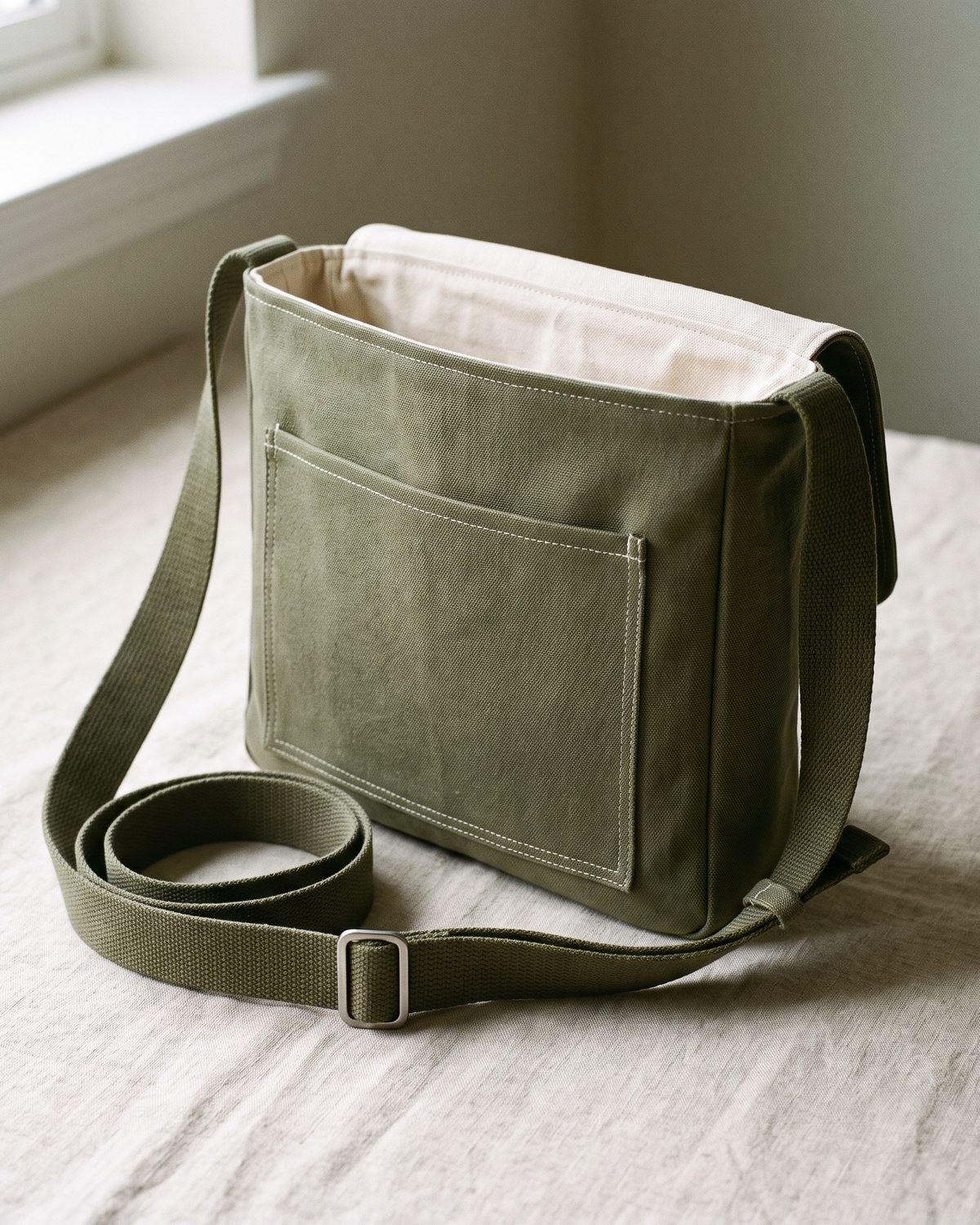 Musette de ville en toile de coton olive, poche frontale plaquée et sangle à boucle acier